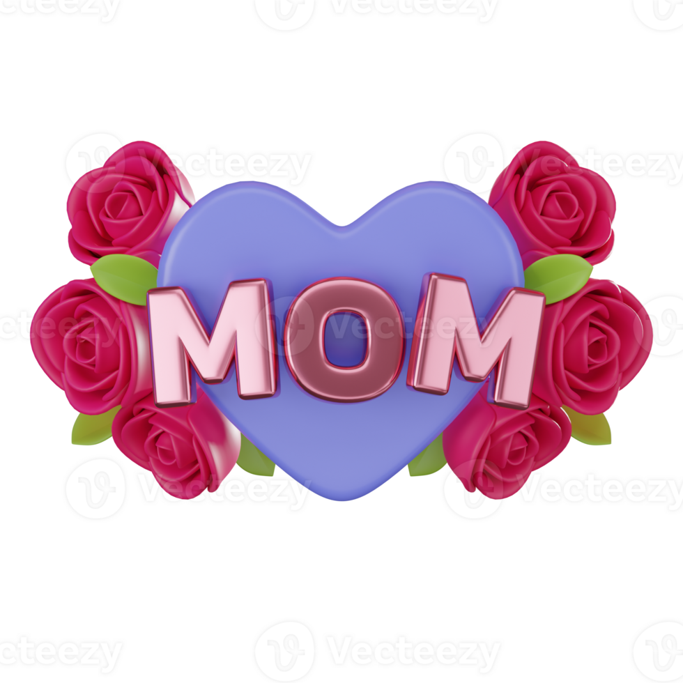 3D Rrender Typography Mom Heart with Flowers for Mother Day. Icon illustration png