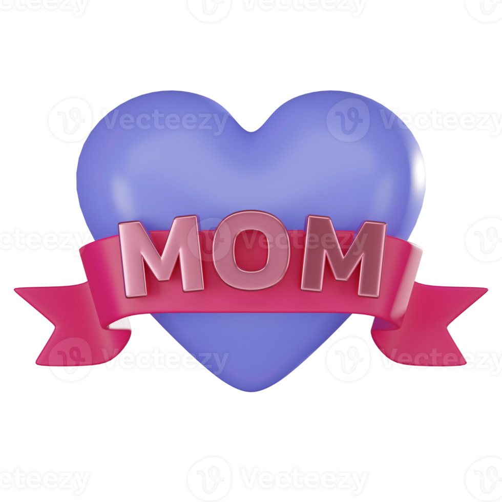 3D Rrender Typography I Love Mom on Ribbon, Heart for Mother Day. Icon illustration png
