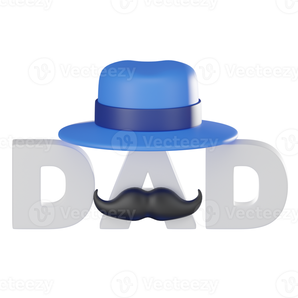 3D Rrender Typography Dad Mustache with Hat for Father Day. Icon illustration png