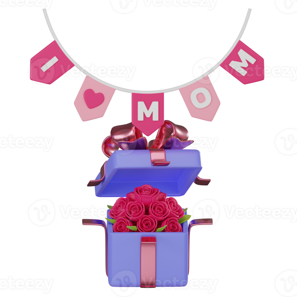 3D render, Colorful Festive Decor of Flag with Gift Box Garlands for Celebrations, i love Mom, Icon Illustration png