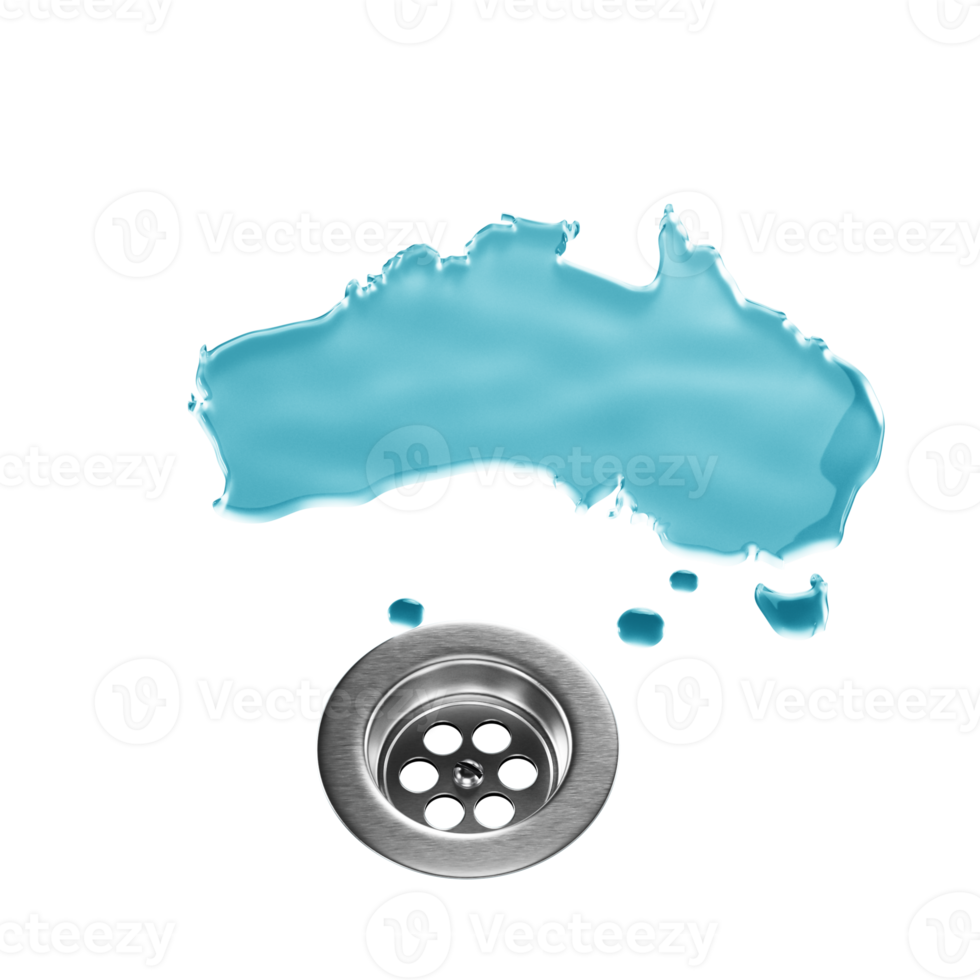 Australia Water Map With Drainage Metal Sink Save Water And Water Wastage Concept 3D Illustration png