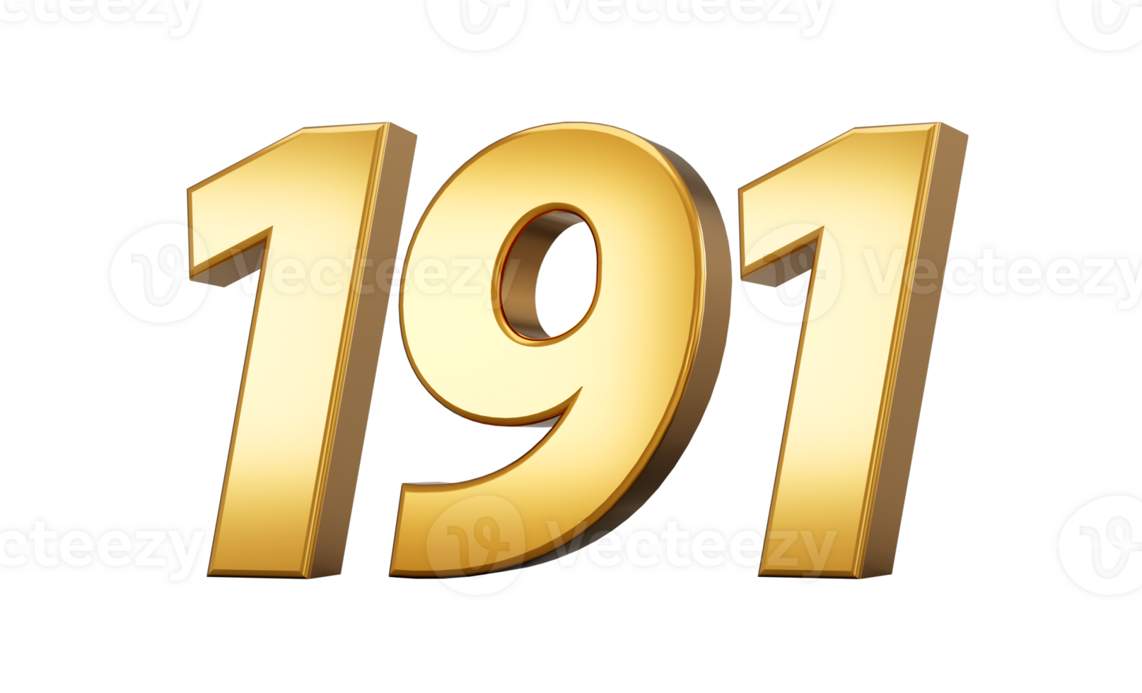3d number 191 one hundred ninety one Gold text with reflection 3d illustration png