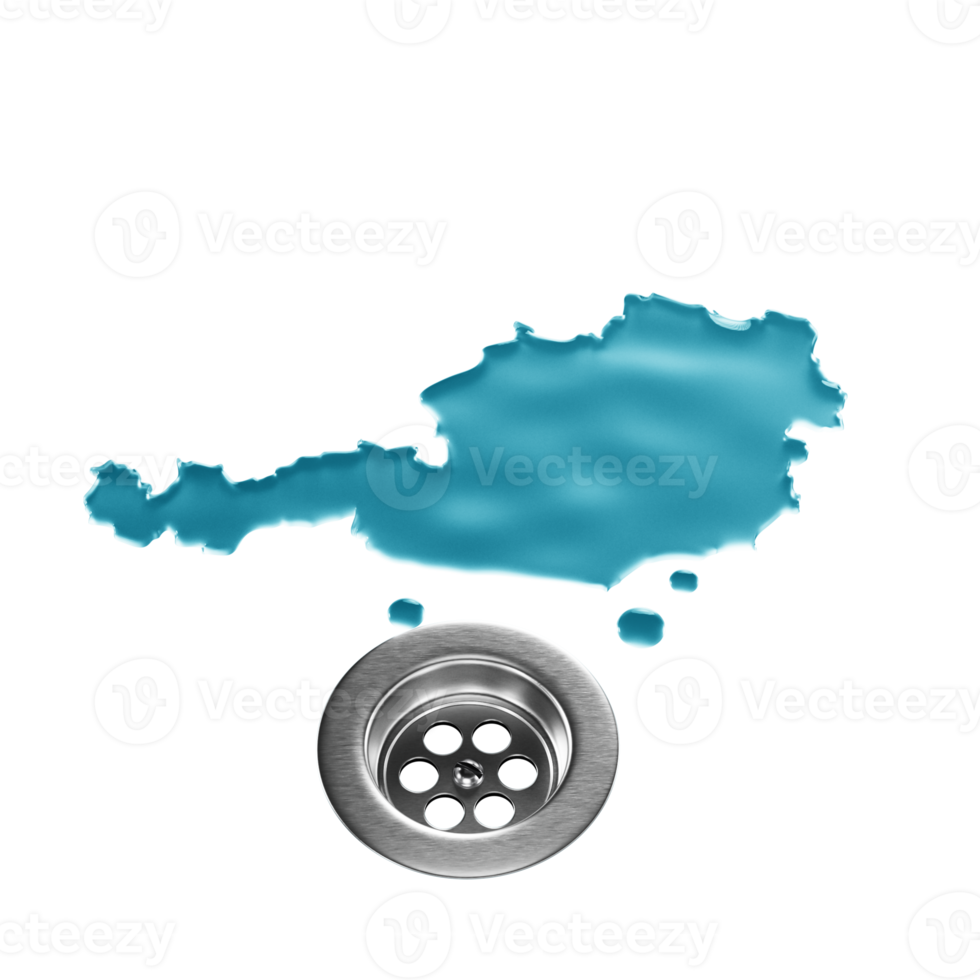 Austria Water Map With Drainage Metal Sink Save Water And Water Wastage Concept 3D Illustration png