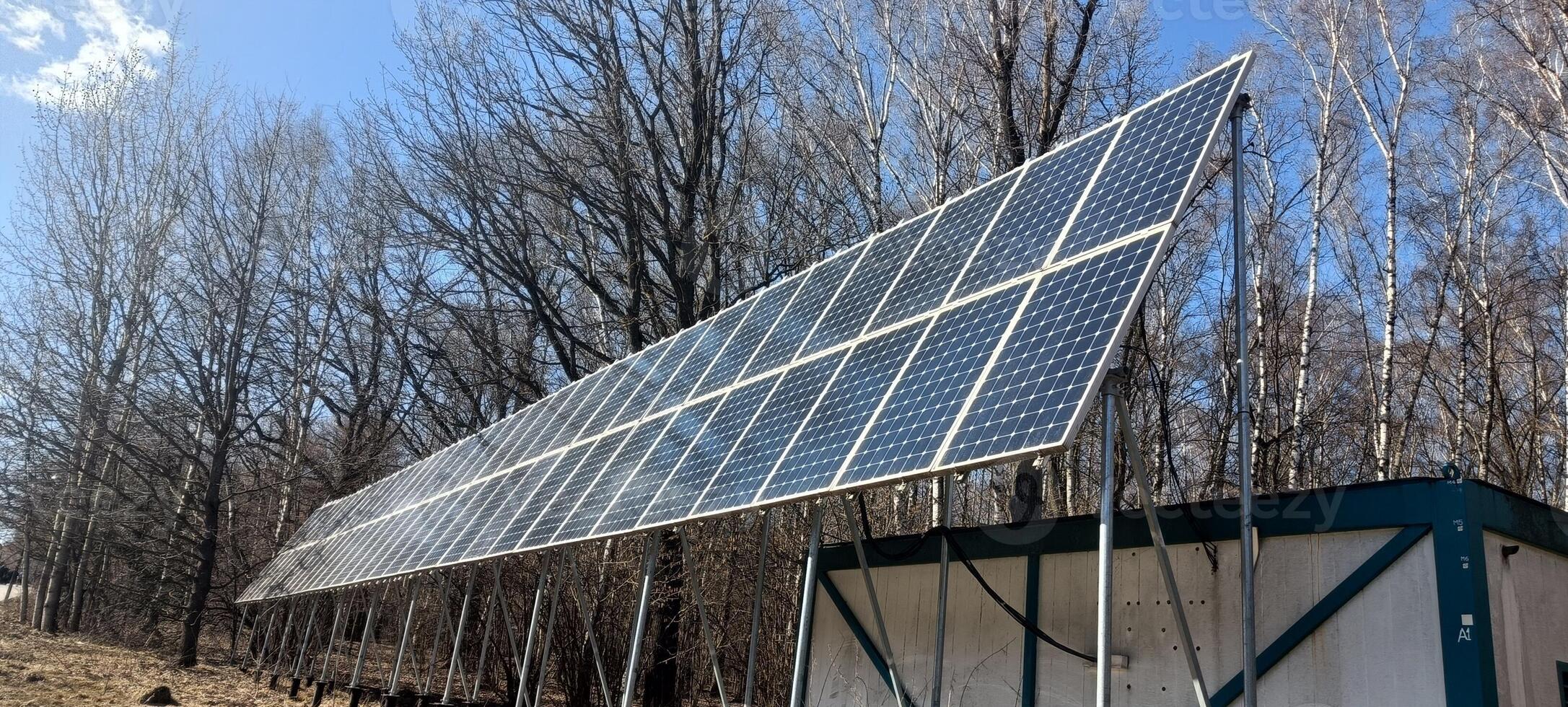 Solar panels stand tall in a forested location, capturing sunlight to generate renewable energy. The surrounding trees enhance the natural setting on a clear day photo