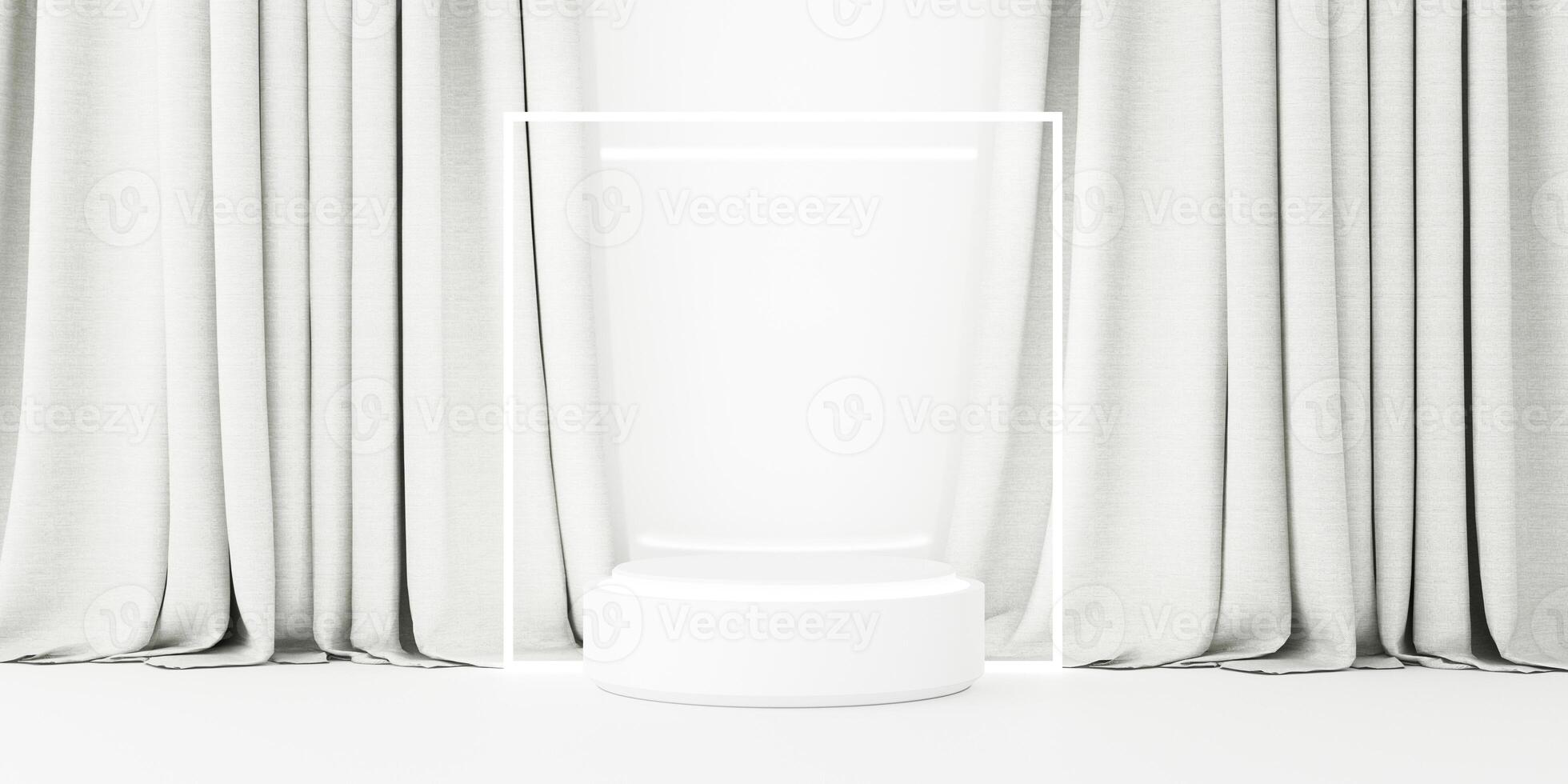 White podium set against draped curtains and glowing frame, creating a soft and elegant visual atmosphere. 3d rendering. photo