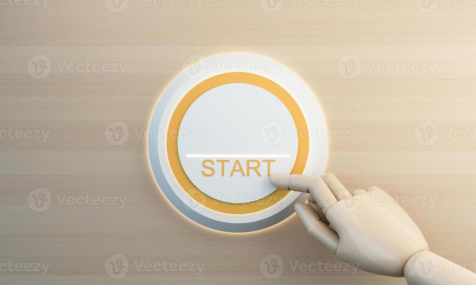 Wooden robotic hand pressing glowing start button with clean yellow ring, symbolizing new beginning and clear direction. Simple yet futuristic vibe. 3d rendering. photo
