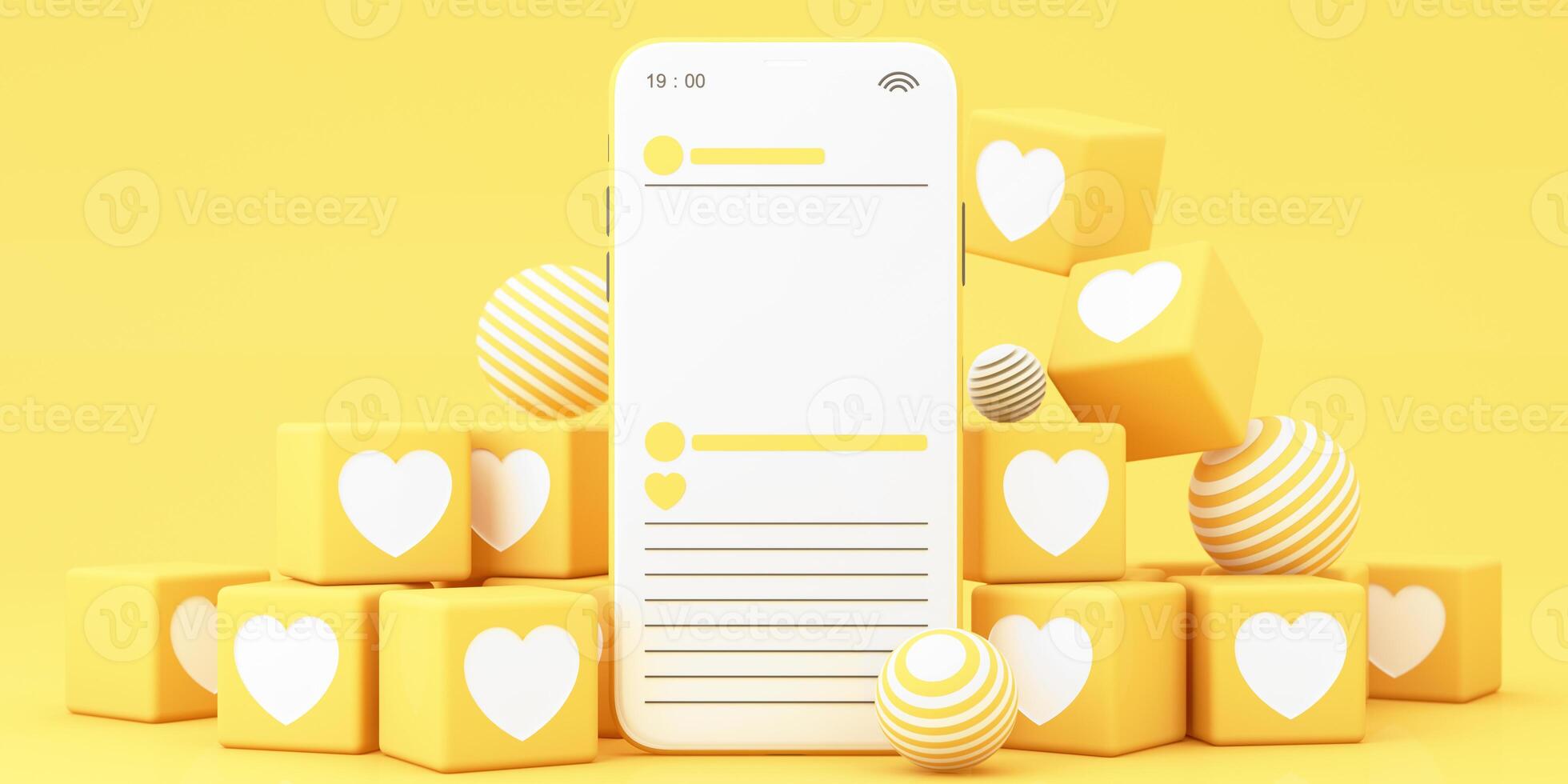 Minimalist social media interface on a smartphone screen, surrounded by floating heart icons and geometric shapes in a bright yellow theme. 3d rendering. photo