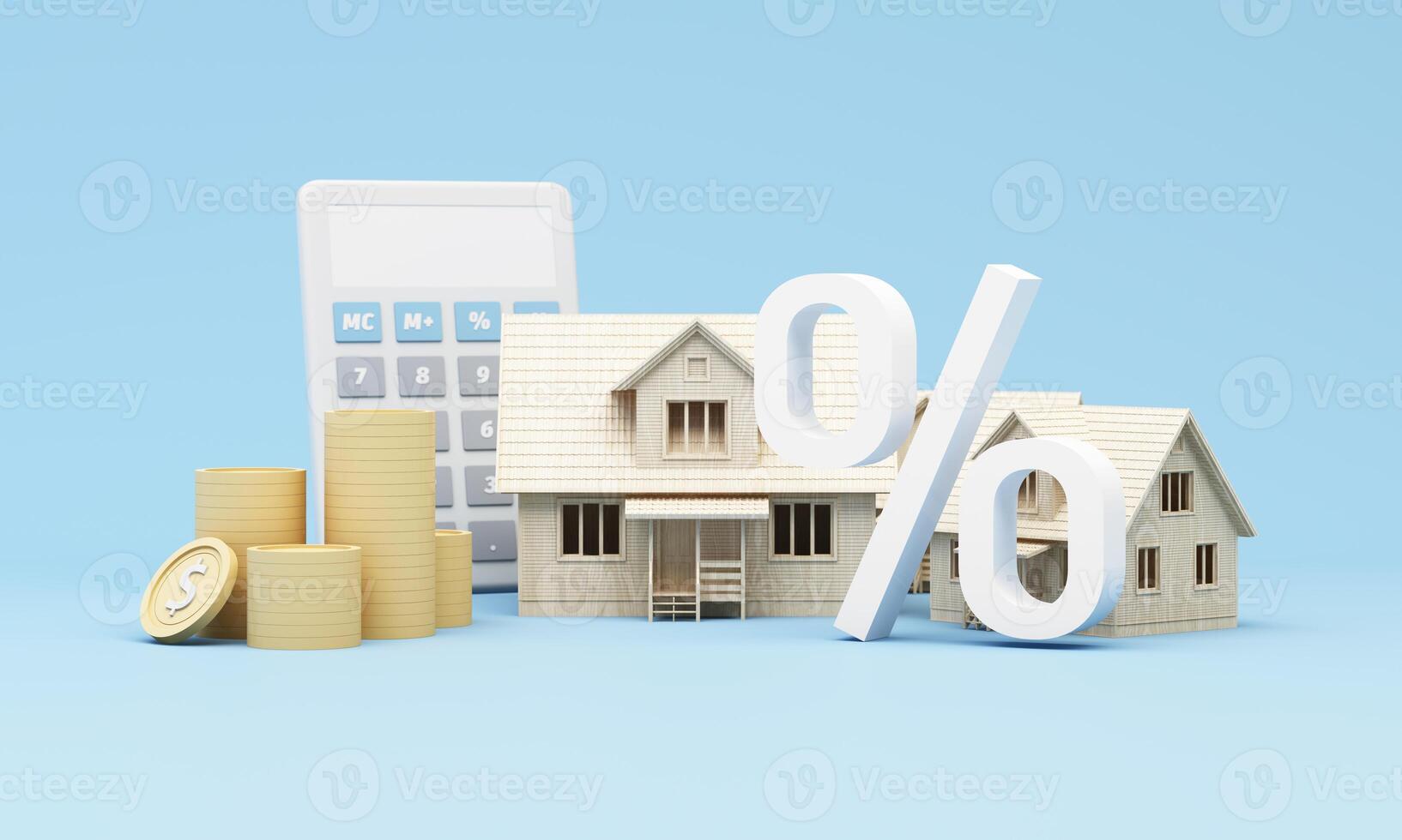 Calculator, house model, coins and percent symbol represent interest rates or mortgage concept on blue background. 3d rendering. photo