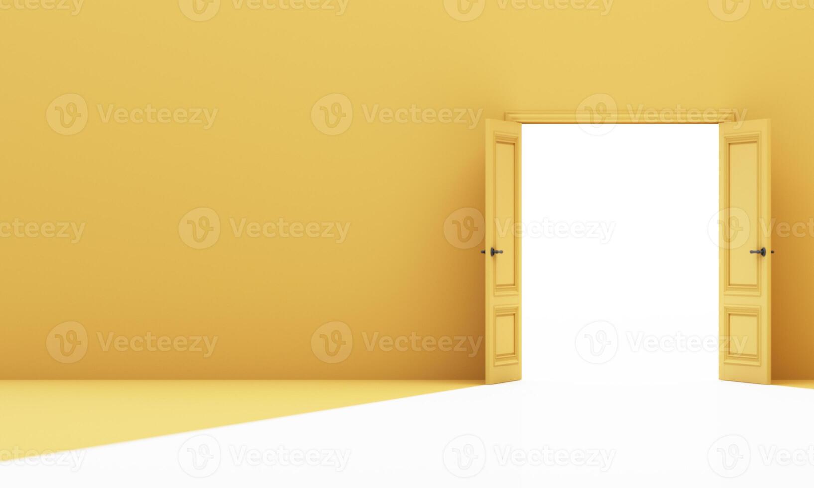Twin yellow doors open wide to intense white light, symbolizing full transition and immersive journey toward new space. 3d rendering. photo