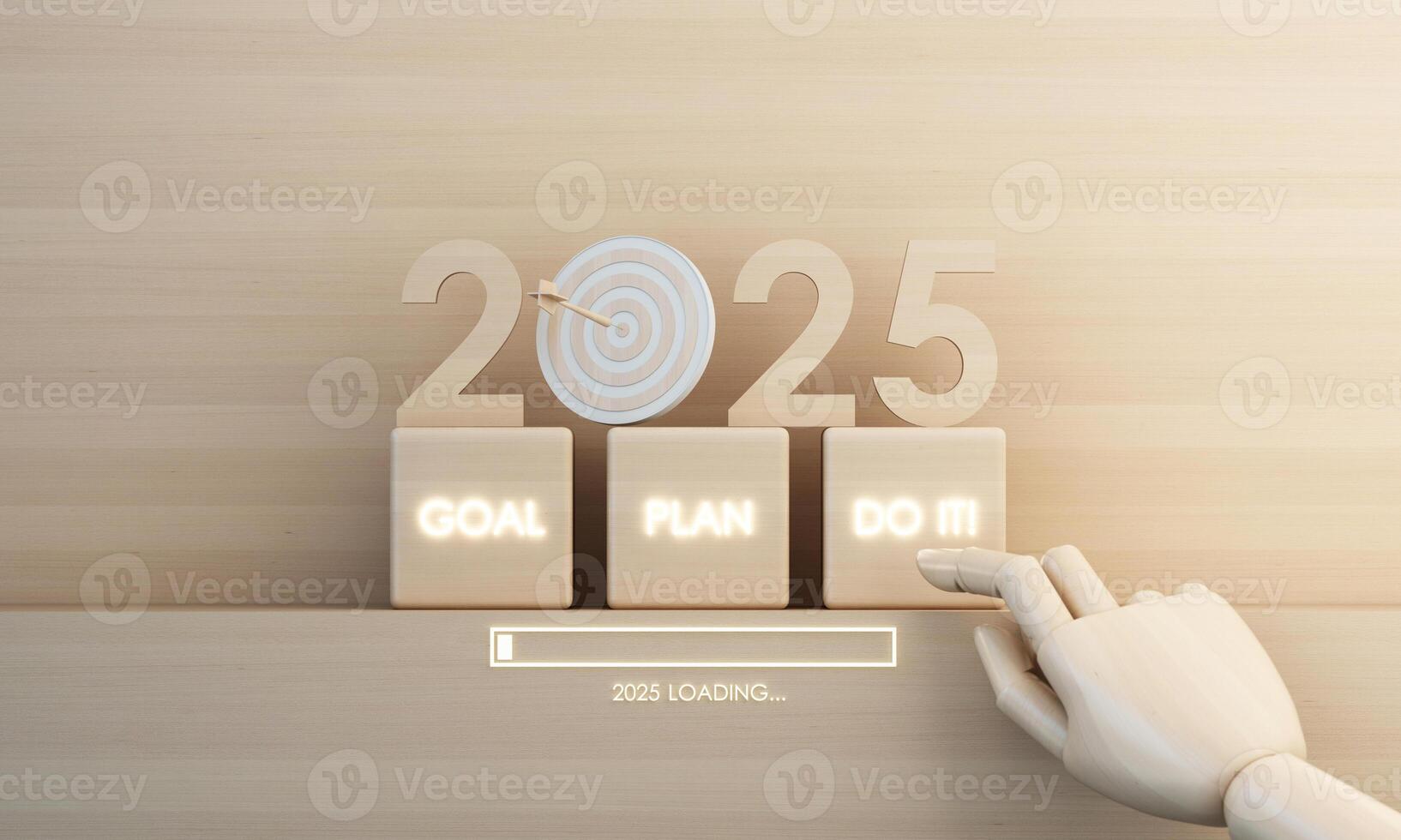 Wooden blocks display 2025 with goal, plan and action prompts. A finger ready to start symbolizes commitment to move forward. 3d rendering. photo