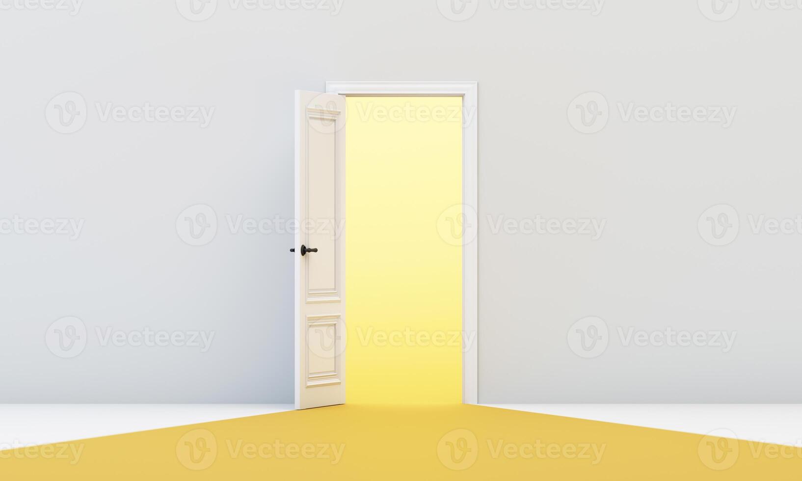 Single white door opens to glowing yellow path, symbolizing clarity, opportunity, and new direction in modern minimalist setting. 3d rendering. photo