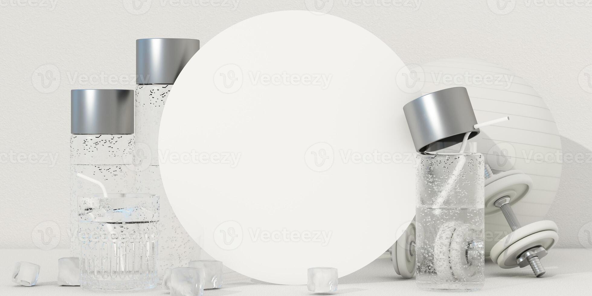 A refreshing fitness setup with a blank circular board, transparent water bottles, ice cubes, and gym equipment, representing hydration and active living. 3d rendering. photo