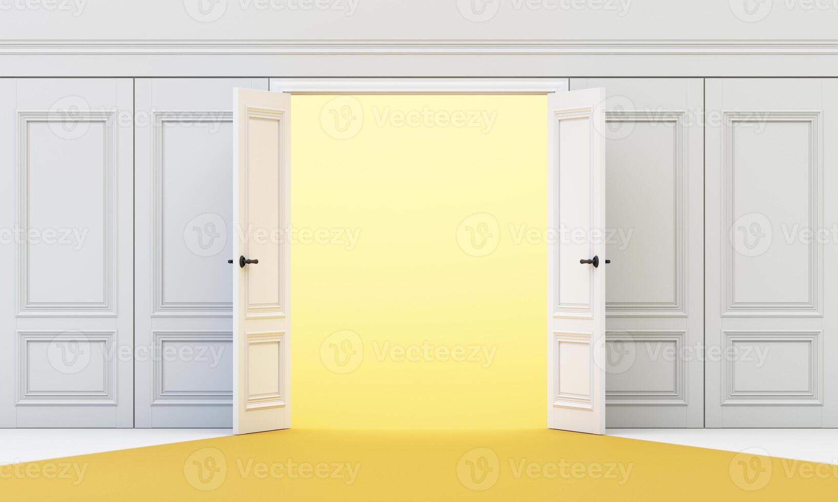 Wide double doors open from white panel wall into soft glowing yellow, merging elegance, simplicity, and symbolic change. 3d rendering. photo