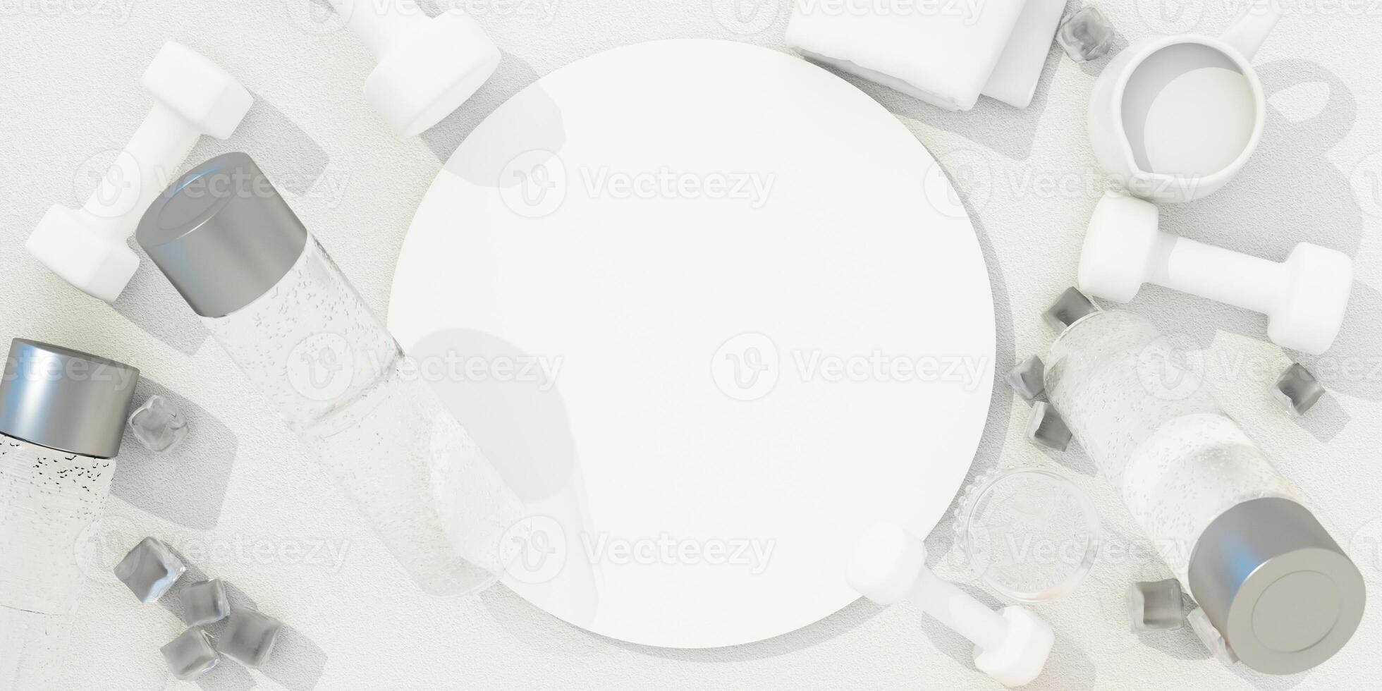 A minimalist fitness setup with a blank circular board, white dumbbells, hydration bottles, and ice cubes, highlighting refreshment and hydration. 3d rendering. photo