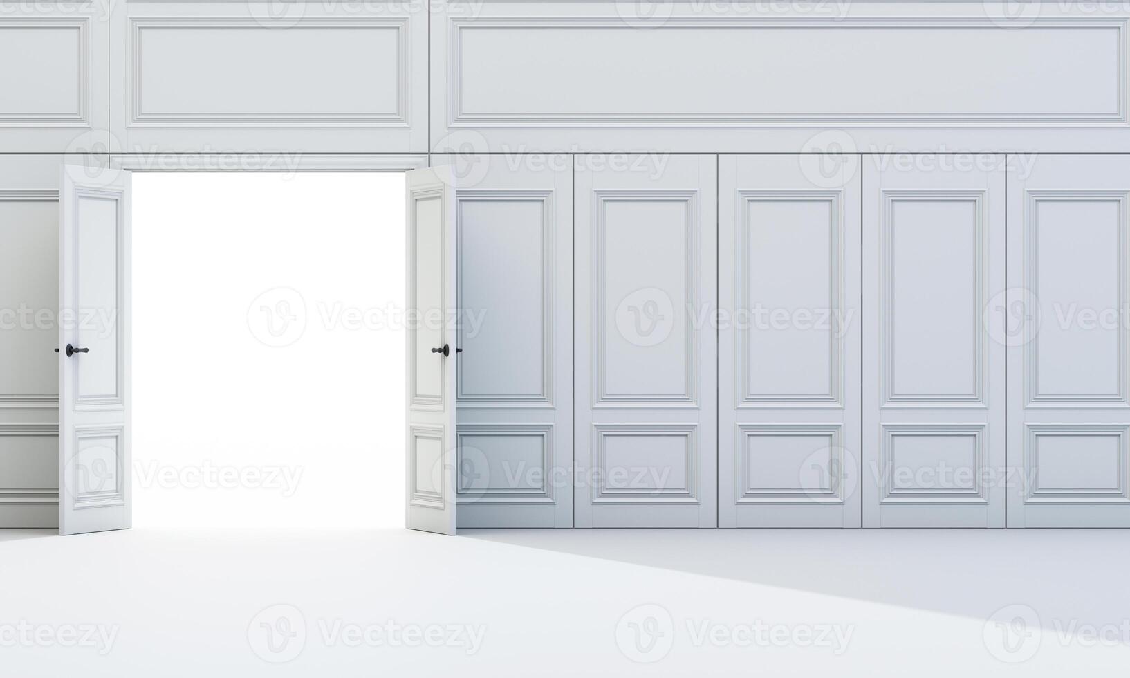 Classic wall panels with open white double doors, revealing bright blank space of imagination and infinite potential. 3d rendering. photo