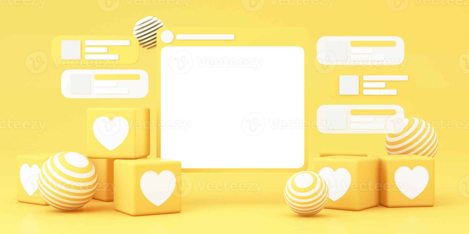 Abstract social media concept with a blank post frame, surrounded by chat bubbles and heart-shaped blocks in a modern yellow aesthetic. 3d rendering. photo