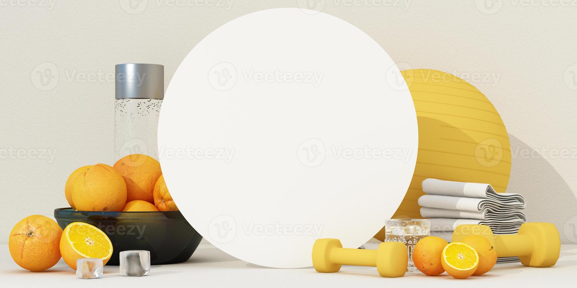 A vibrant orange-themed fitness setup with a blank circular board, dumbbells, an exercise ball, fresh oranges, and hydration elements, promoting an energetic lifestyle. 3d rendering. photo