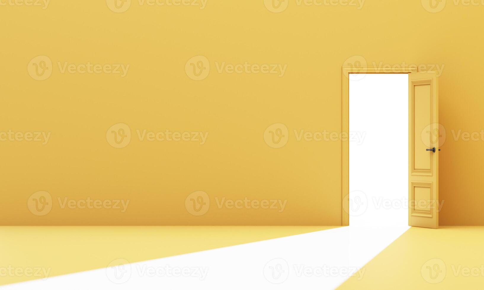 Yellow room with single open door letting in a strong white light beam, creating contrast of inner reflection and outward vision. 3d rendering. photo
