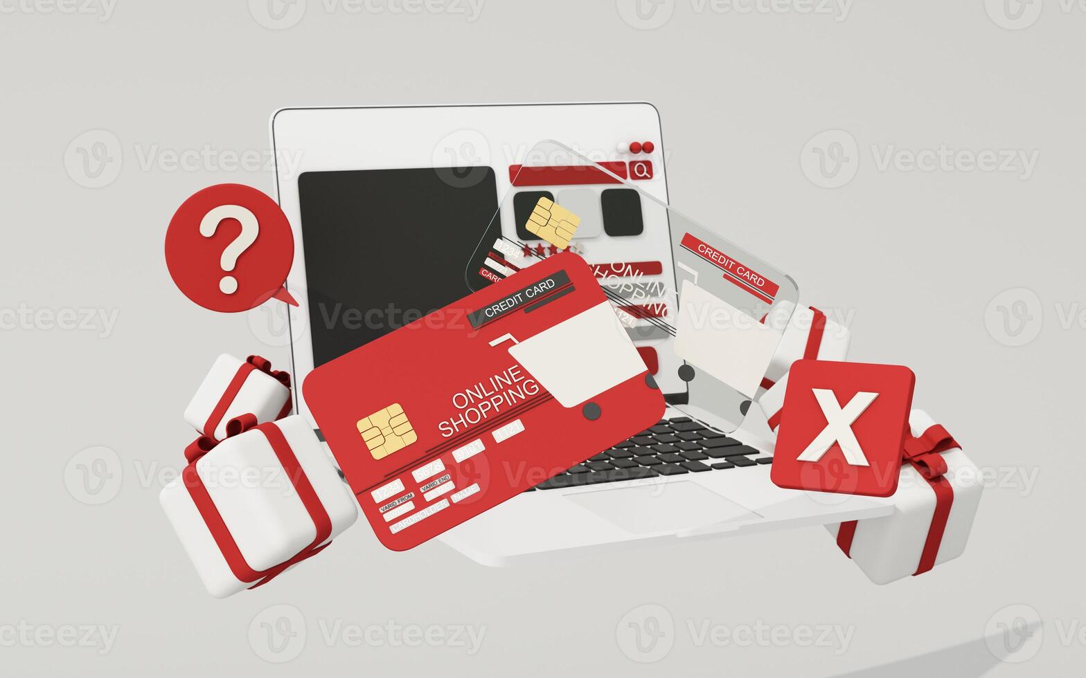 Multiple credit cards and alert signs on laptop screen highlight risk of online scams during shopping. 3d rendering. photo