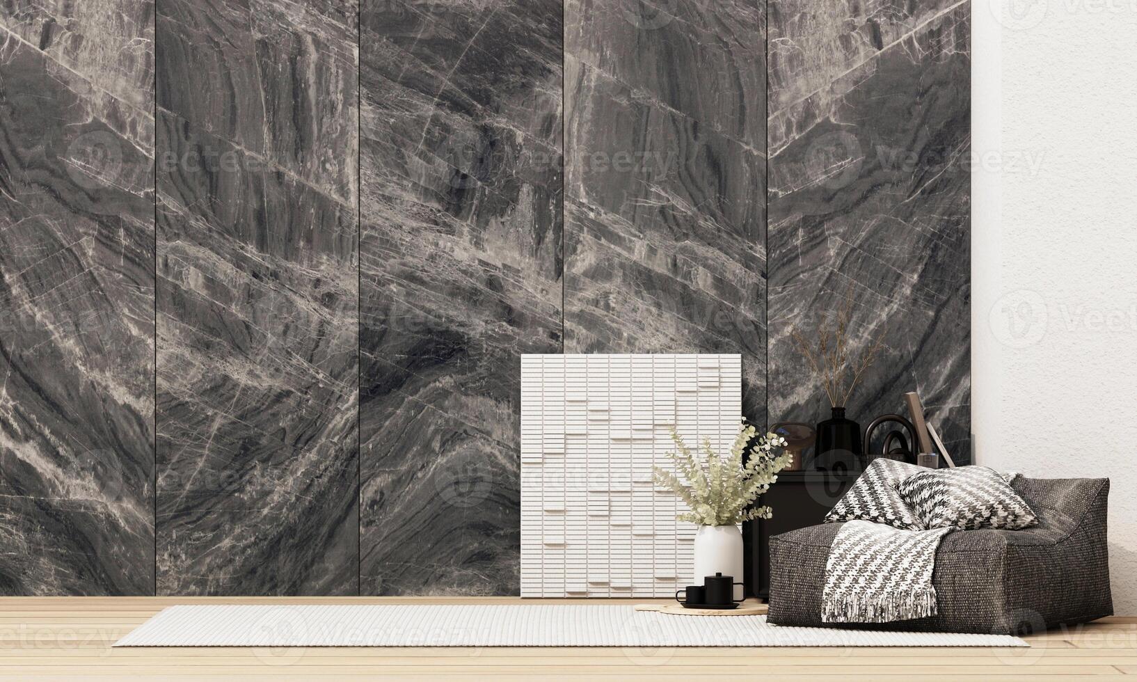 Dark marble texture adds luxury to soft-toned interior with cozy seating and modern decor. Bold yet harmonious setting. 3d rendering. photo