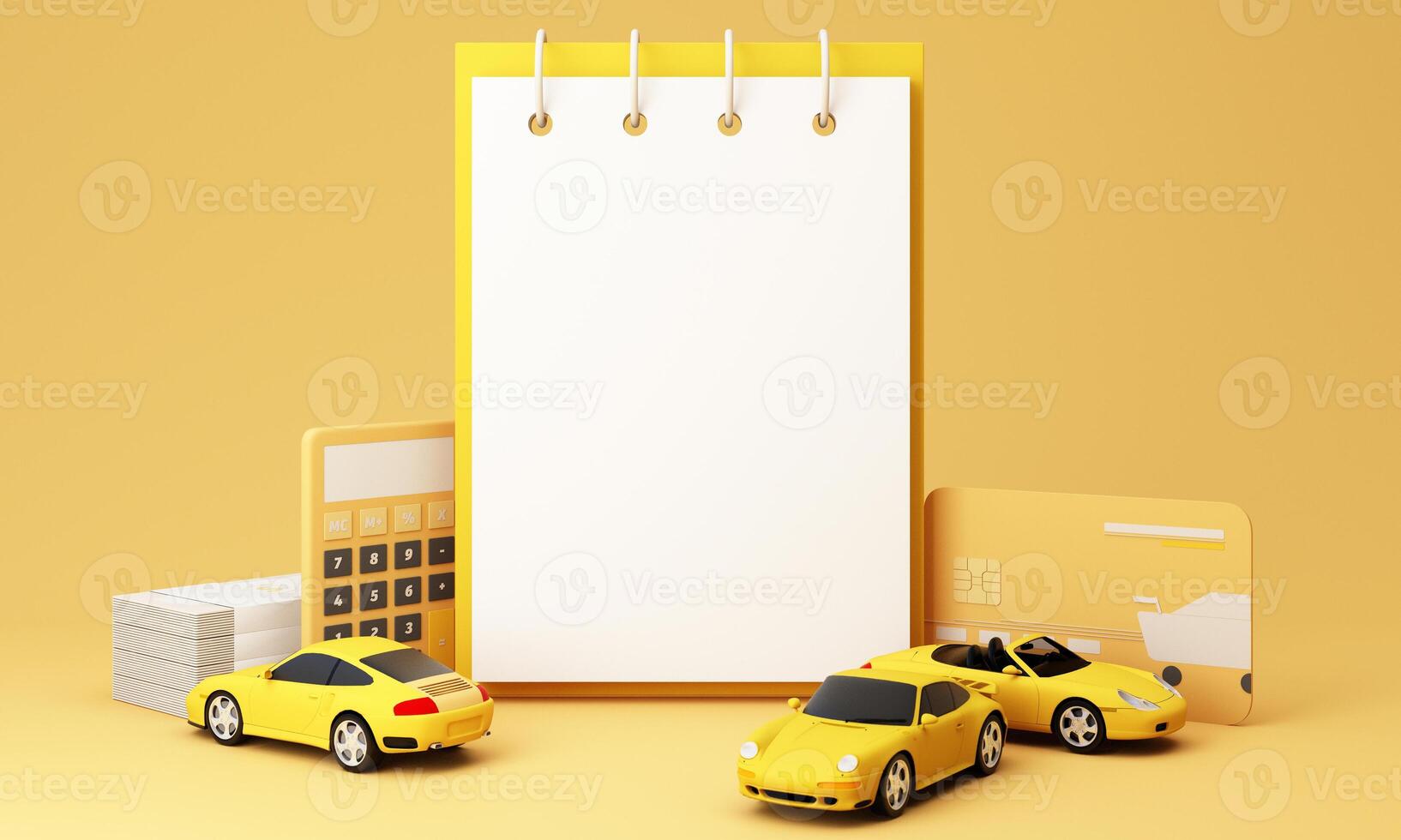 A financial setup with a blank insurance document, yellow sports cars, calculator, and banking elements, representing vehicle insurance planning. 3d rendering. photo