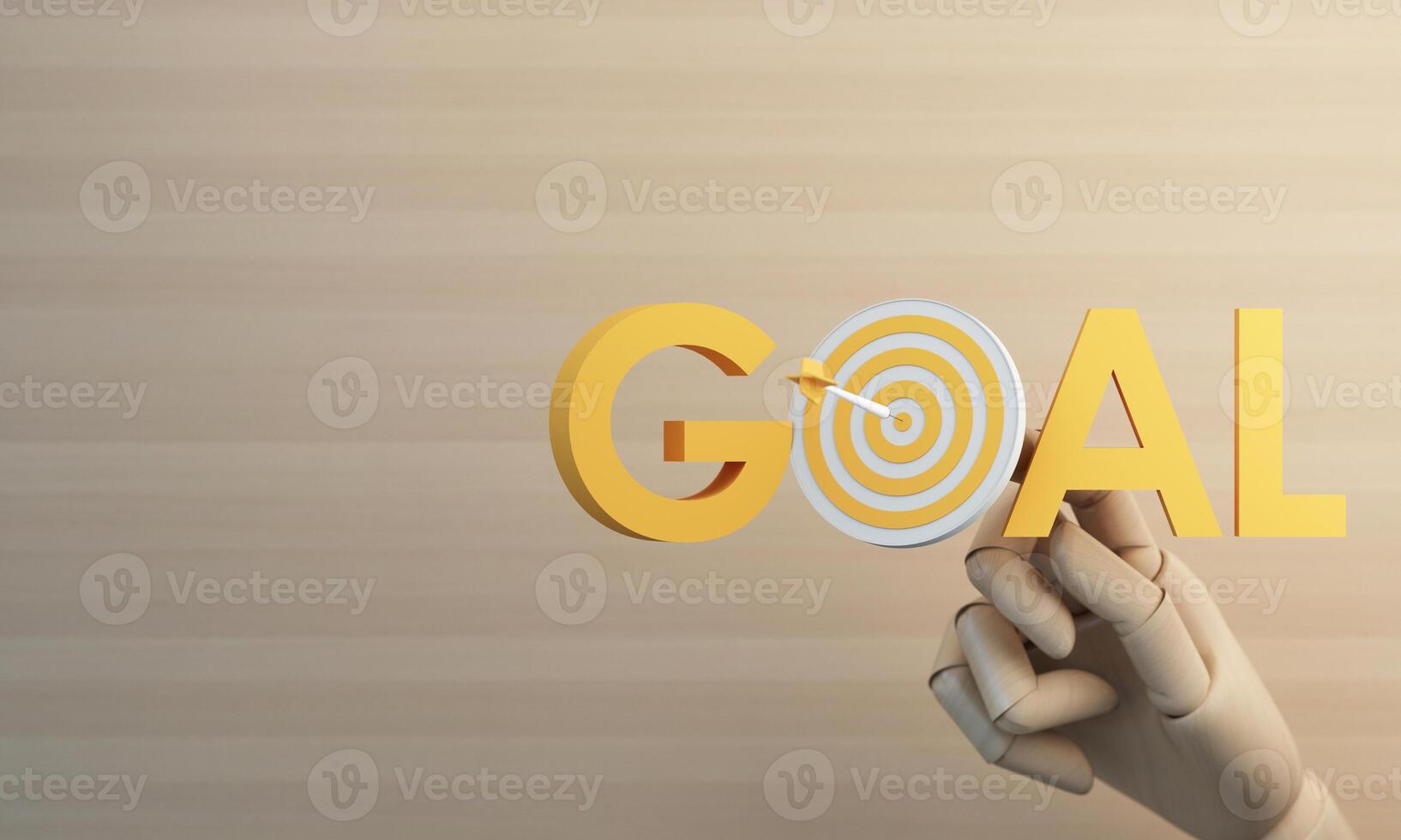 Wooden hand holding the word GOAL with dart in the target, representing precision, aim, and clear achievement in minimalist style. 3d rendering. photo