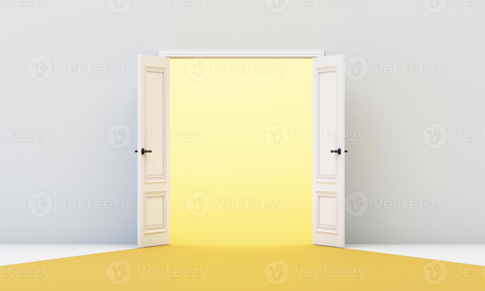 Symmetrical double doors opening to radiant yellow space, representing balance, openness, and embracing new possibilities. 3d rendering. photo