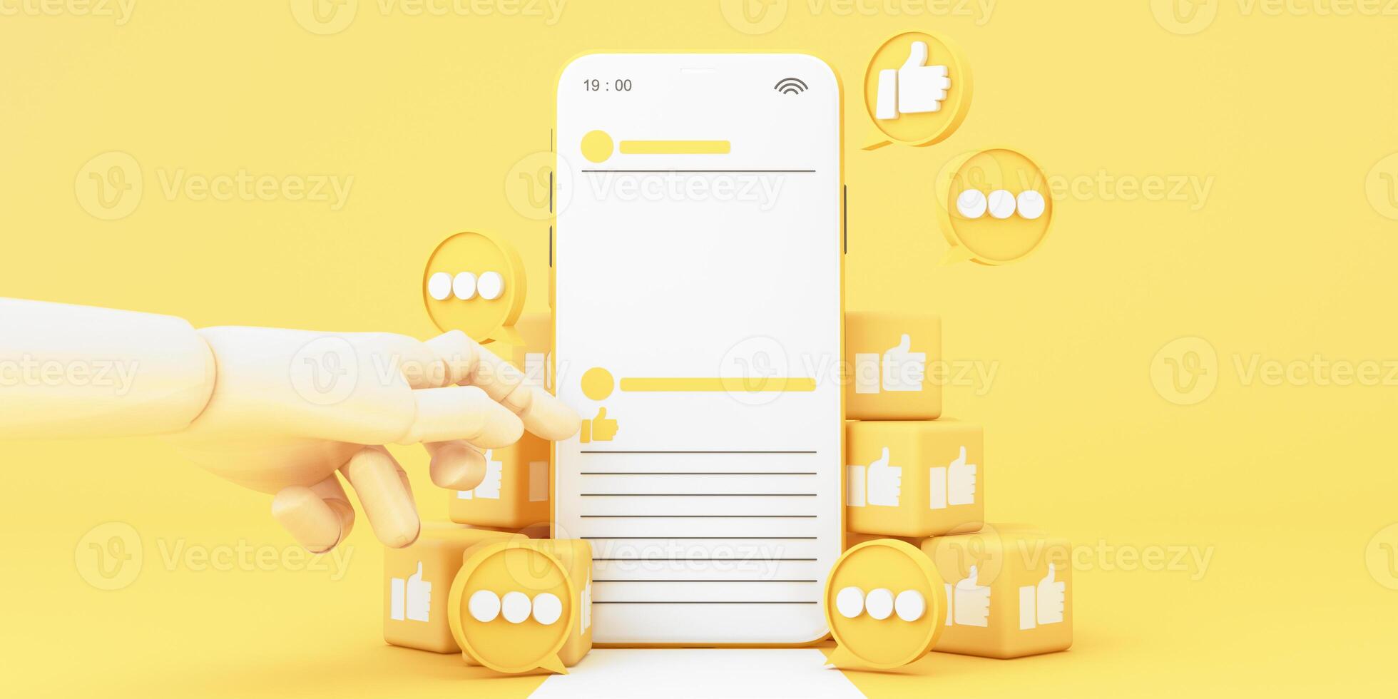 Hand pressing a like button on a smartphone screen, surrounded by floating thumbs-up icons and engagement symbols in a bright yellow theme. 3d rendering. photo