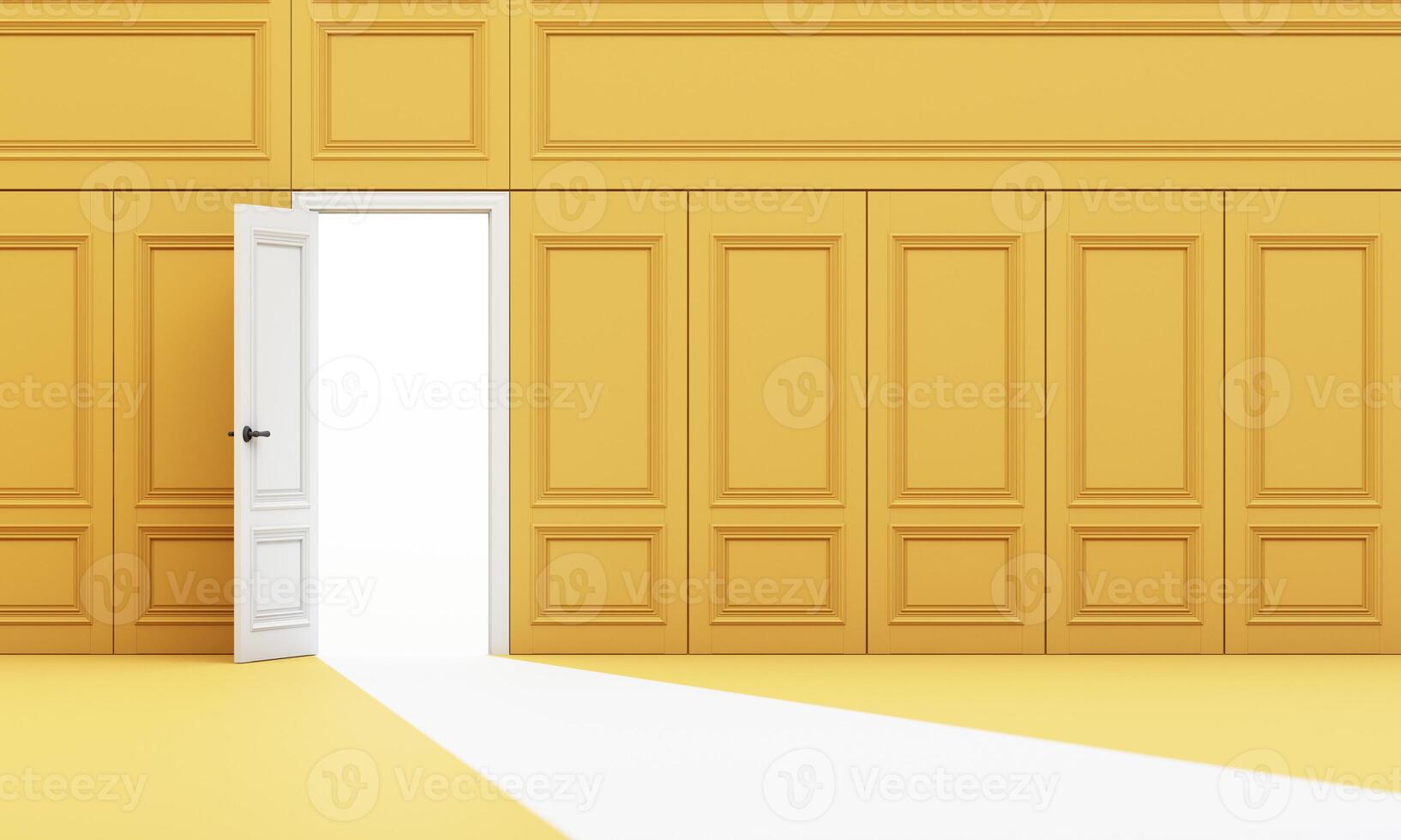 Yellow paneled wall with white door slightly open, revealing bright space ahead. A blend of tradition and modern outlook. 3d rendering. photo