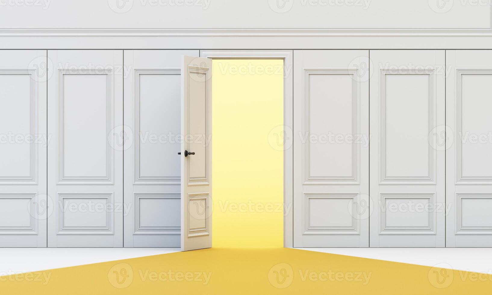 A single door opens within classic white panel wall, revealing bright yellow light and the invitation to step into change. 3d rendering. photo