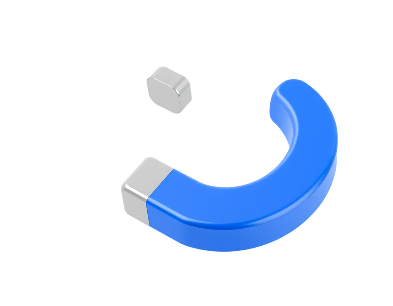 3D render of a blue horseshoe magnet with a silver metal part, isolated on a transparent background. png