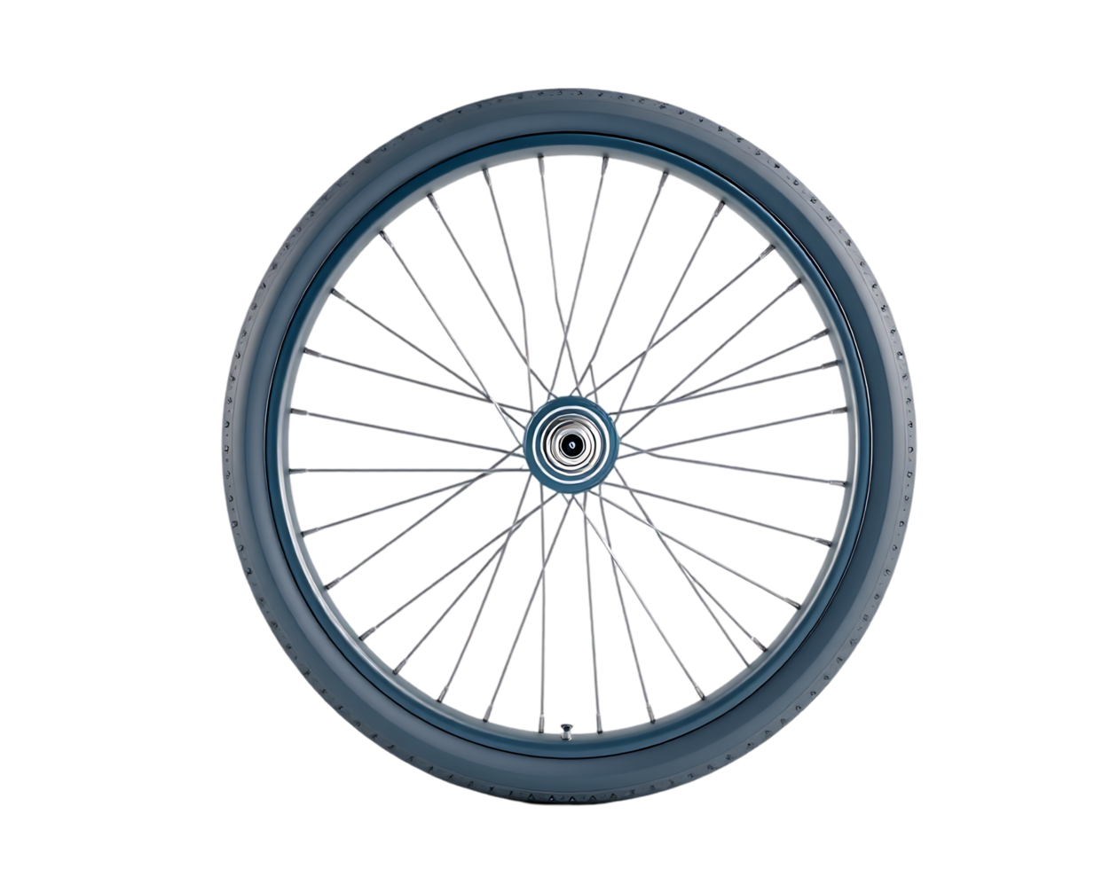 Close-up of a blue bicycle wheel with tire and spokes. png