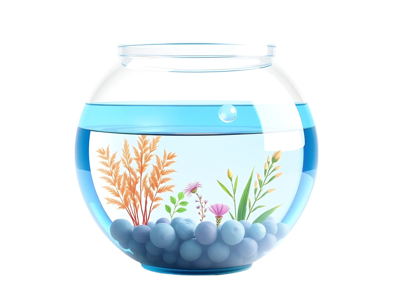 A beautiful glass fishbowl filled with water, plants, and decorative stones. png