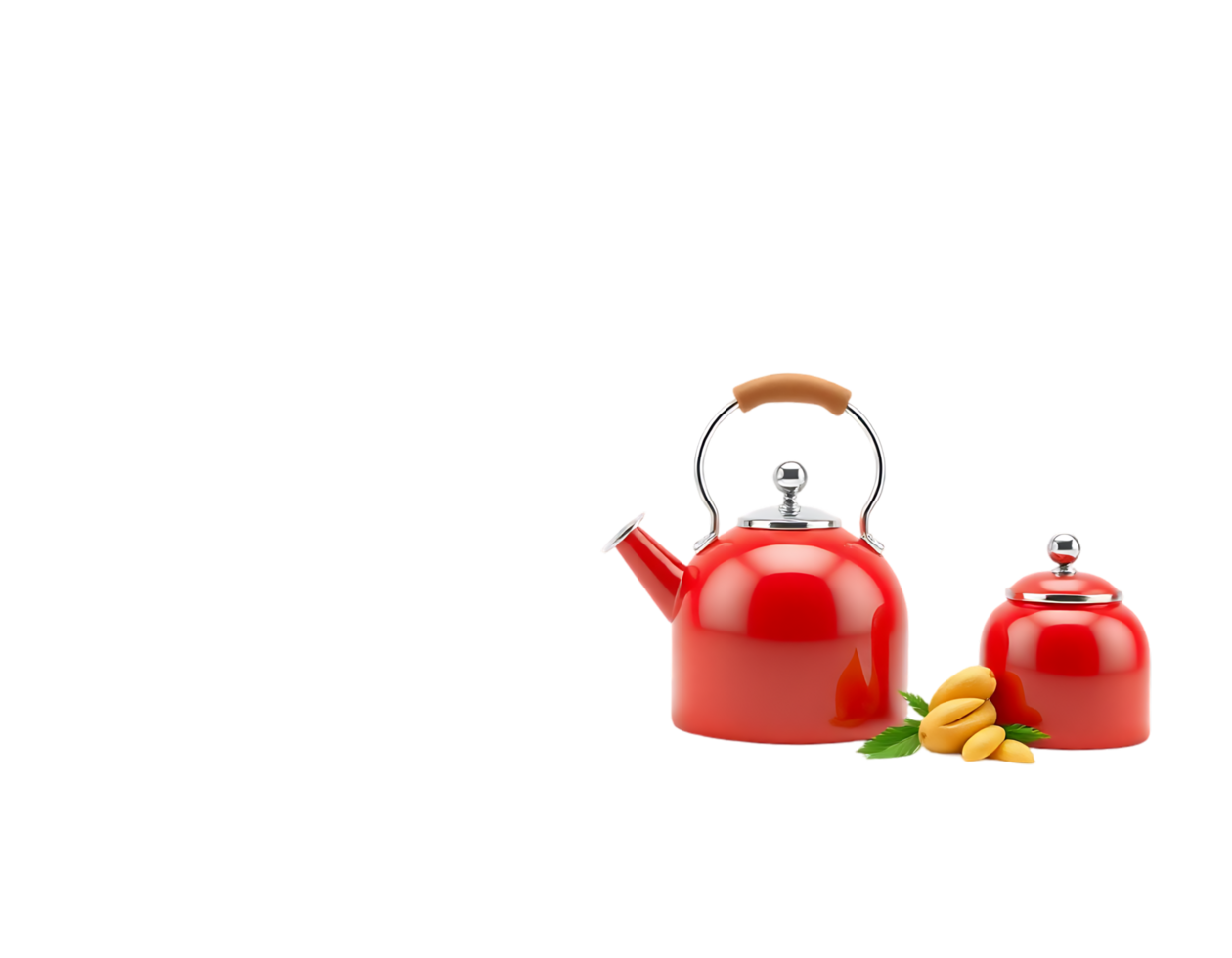 Red kettle and sugar bowl with tea preparation concept on white background png
