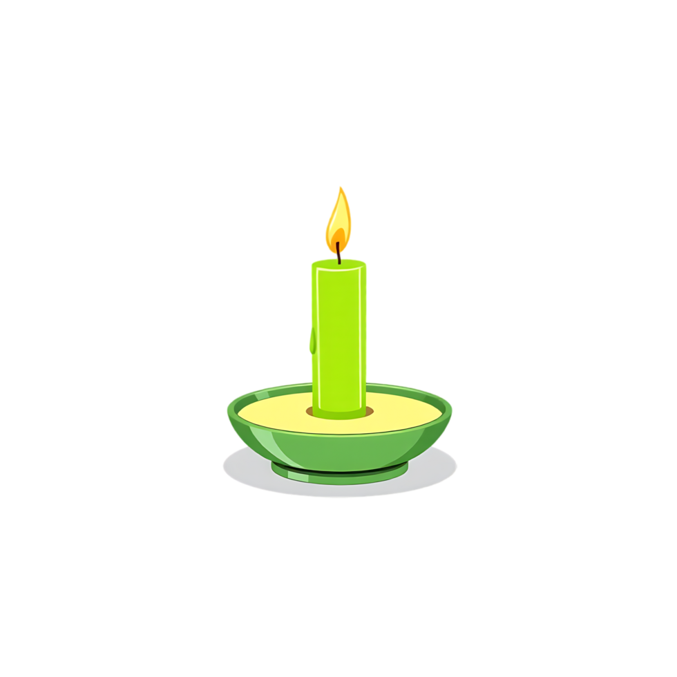 Green candle with a burning flame in a green candle holder png