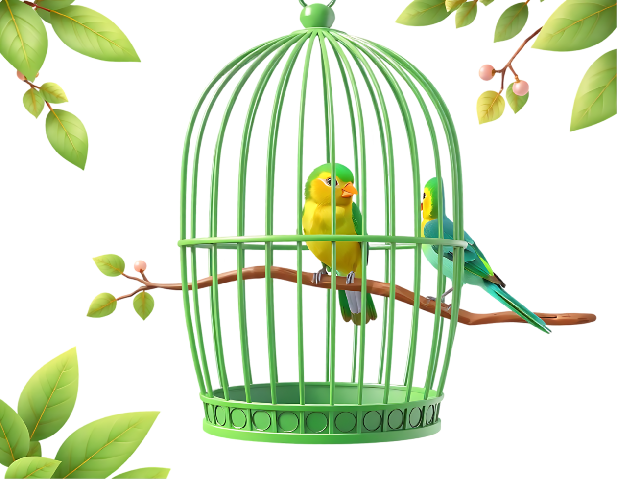 Two colorful parrots in a green cage with branches and leaves png