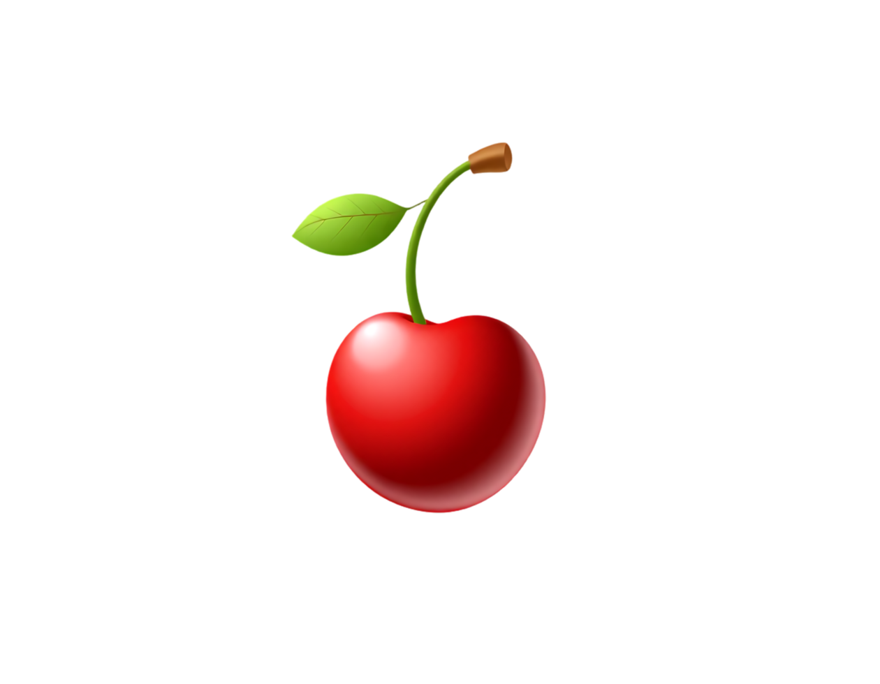 A single, glossy, vibrant red cherry with a green leaf and stem. png