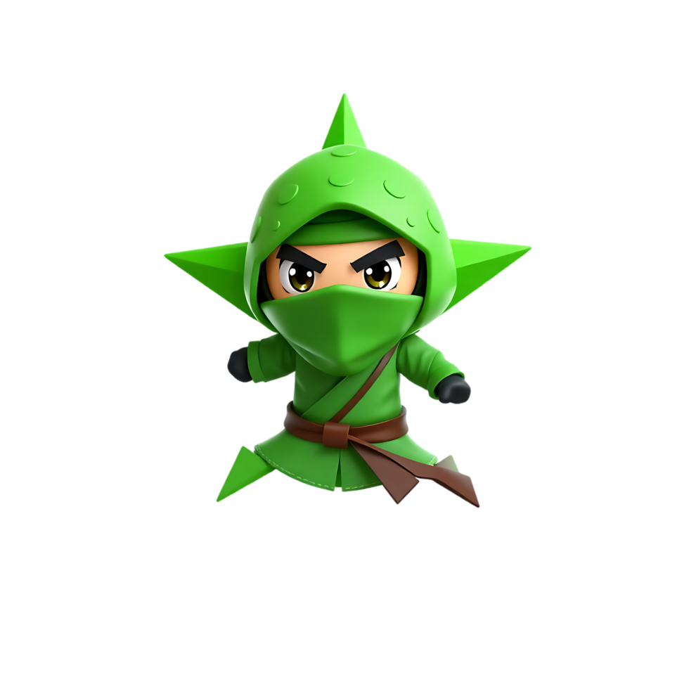 3D Cartoon Ninja Character in Green Outfit with Mask and Ninja Star png
