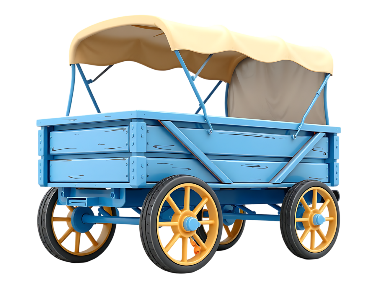Vintage Blue and Yellow Wooden Wagon with Canopy png