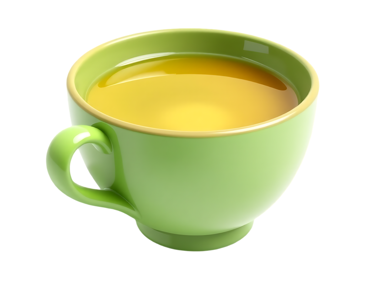 Green ceramic cup filled with yellow tea, isolated on a transparent background. png