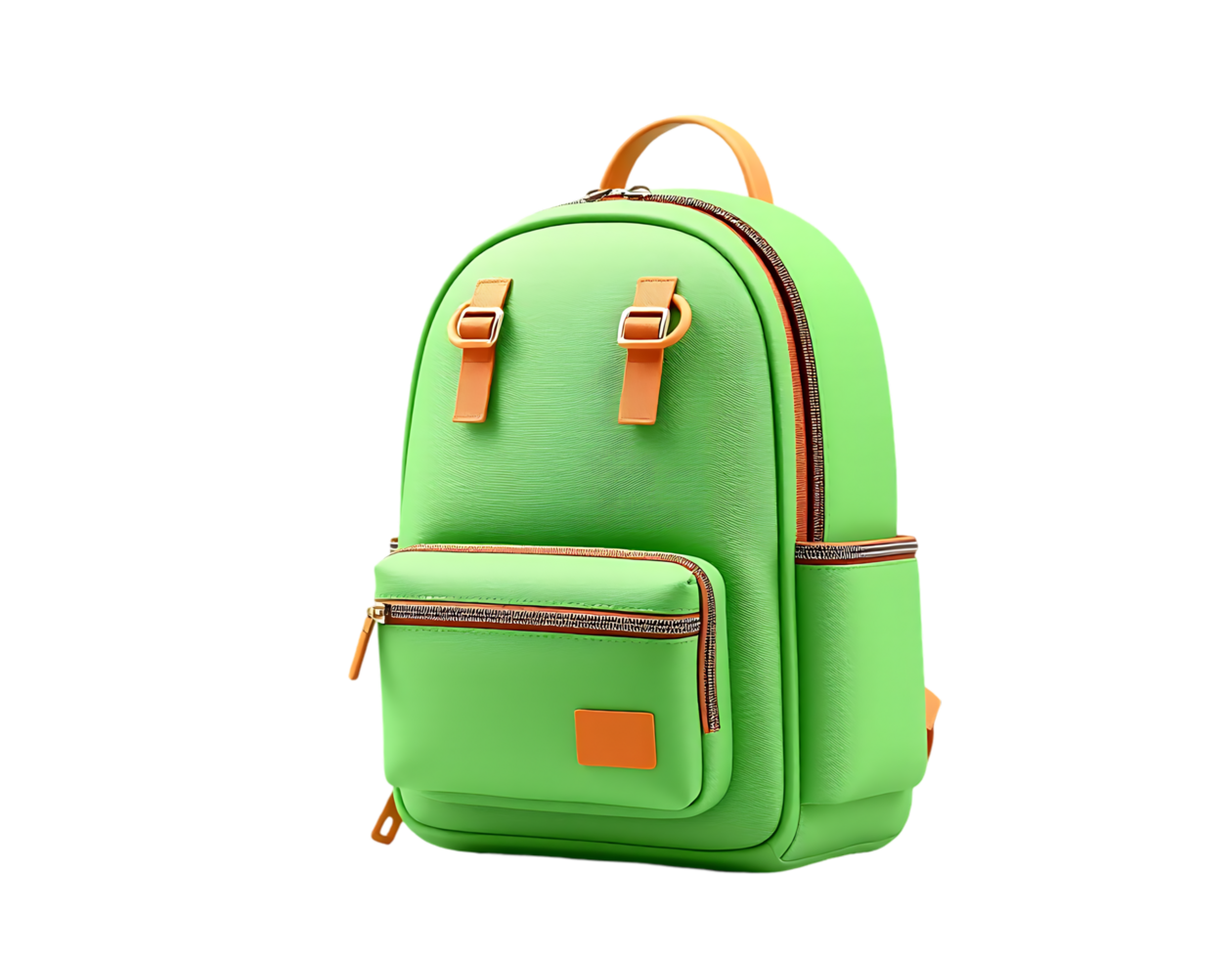 Green backpack with orange details isolated on a transparent background. png