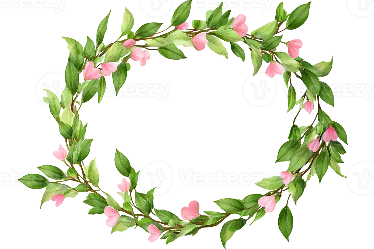 A beautiful floral wreath made of green leaves and pink flowers, perfect for decorati or design. png