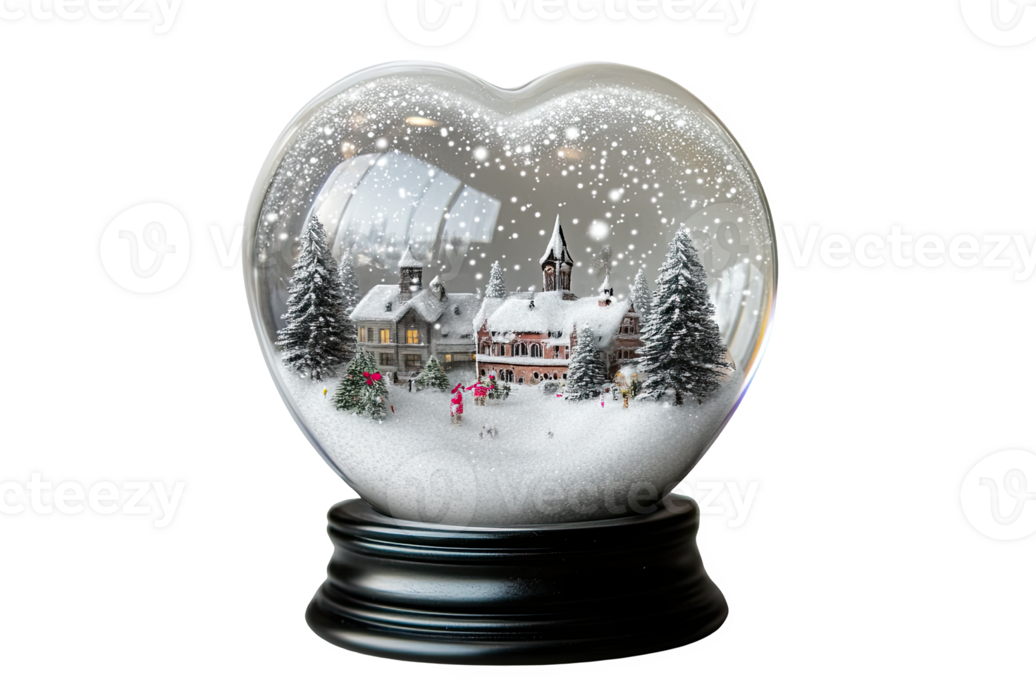 A charming snow globe featuring a winter village scene with snowfall and pine trees, set png
