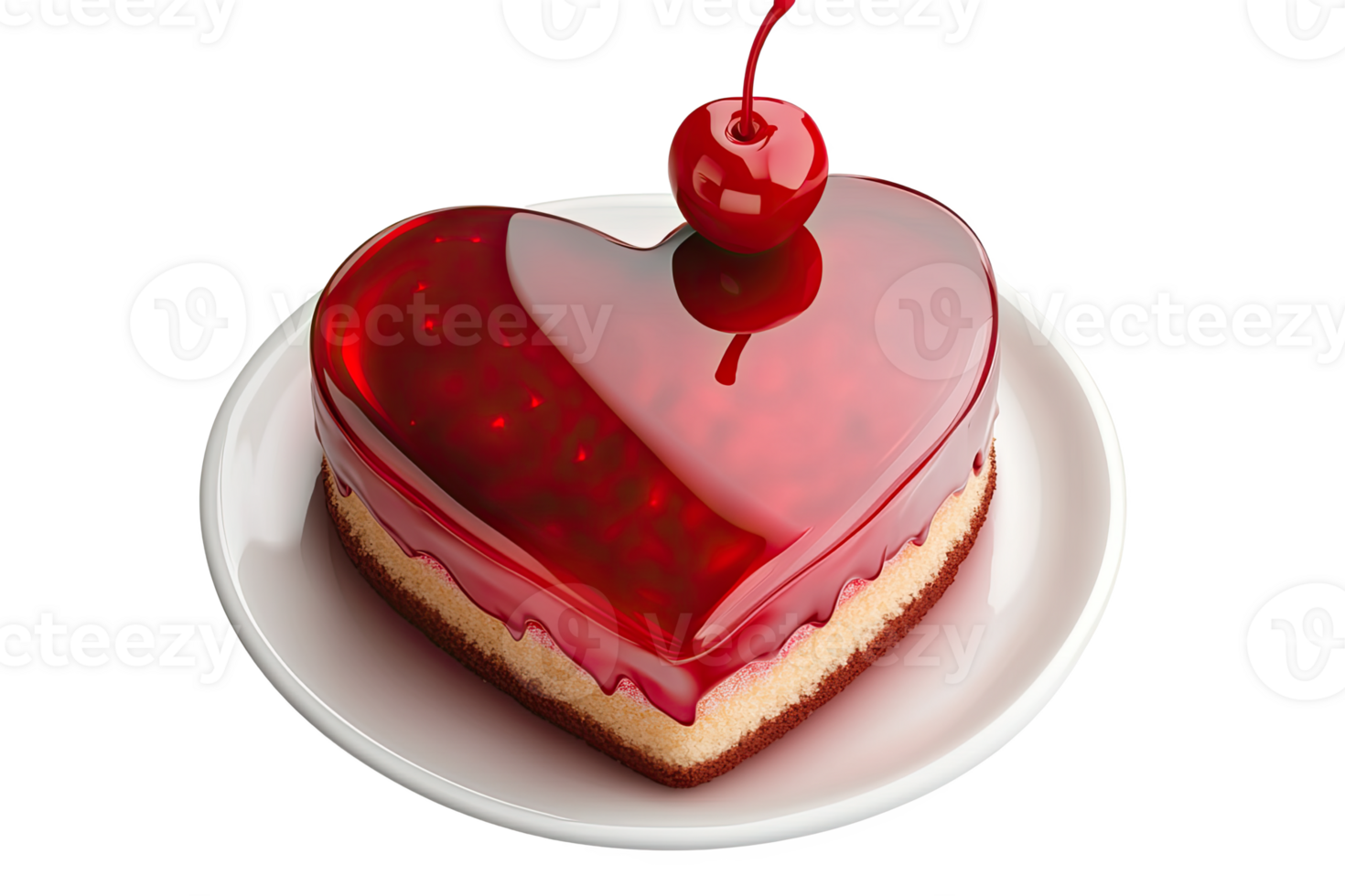 A delicious heart-shaped cake topped with cherry white plate, showcasing vibrant colors and glossy texture. png