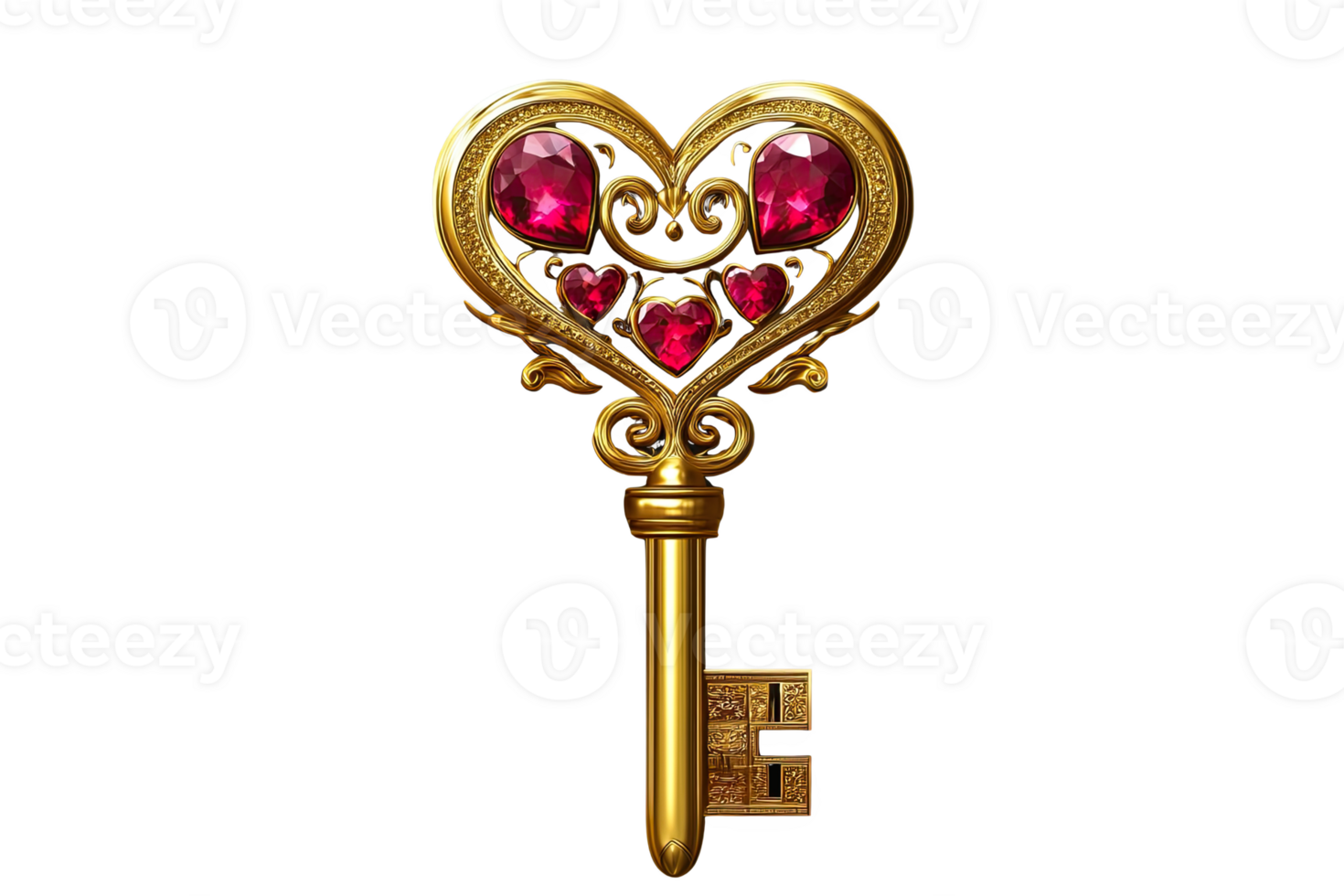 Intricate heart-shaped golden key adorned with red jewels, png