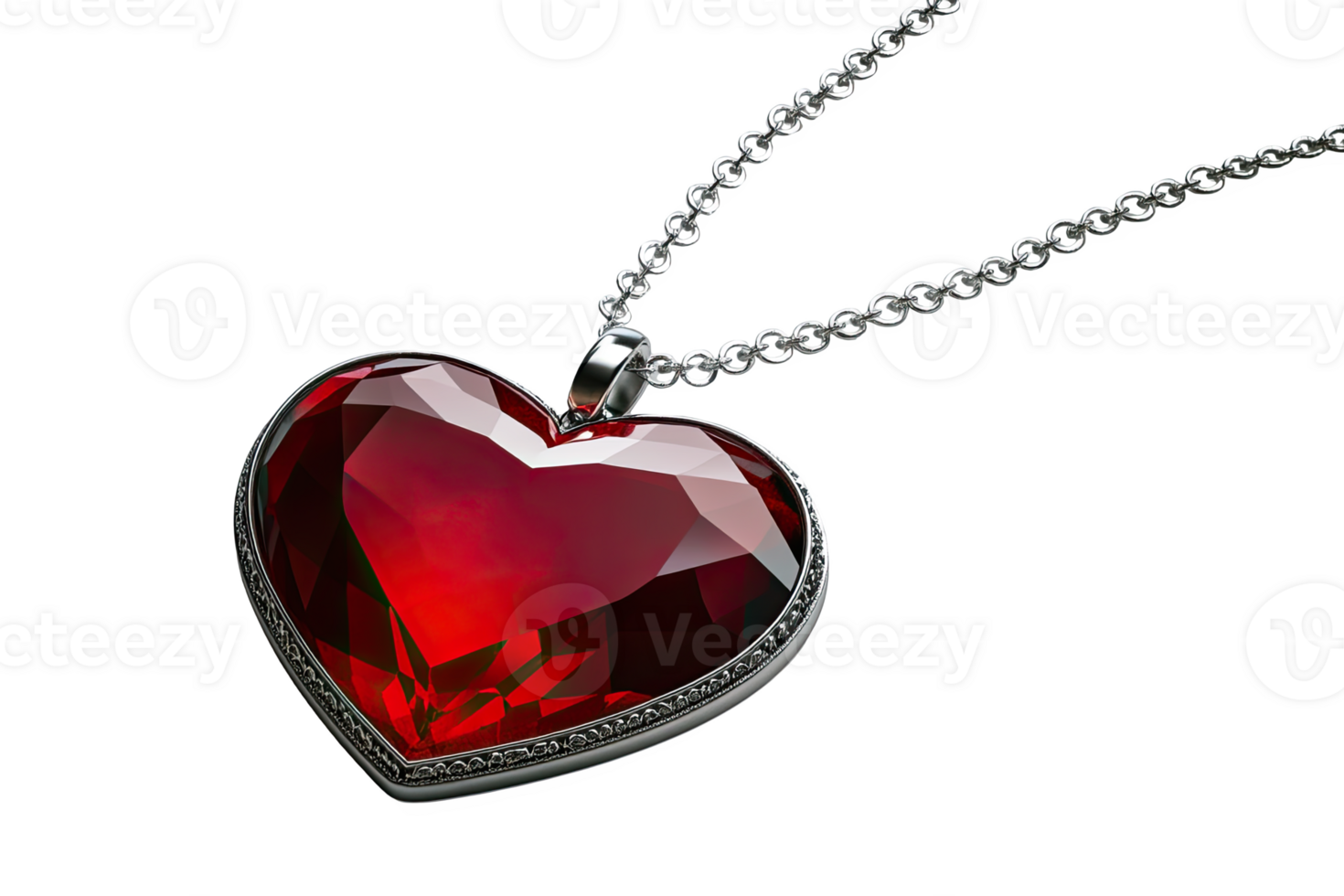 Heart-shaped red gemste pendant silver chain, displayed gracefully white png