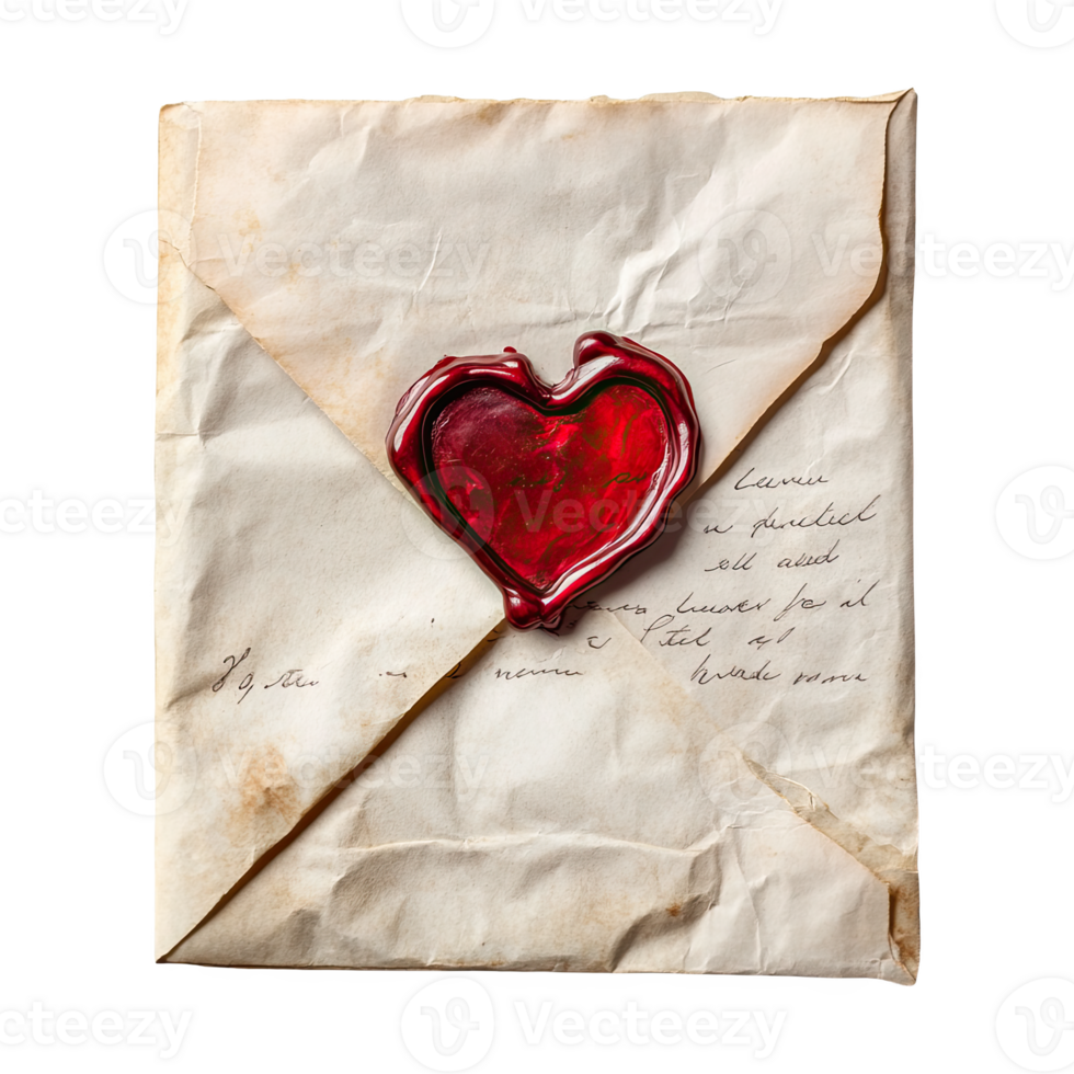 Vintage envelope sealed with a red heart wax seal, perfect
