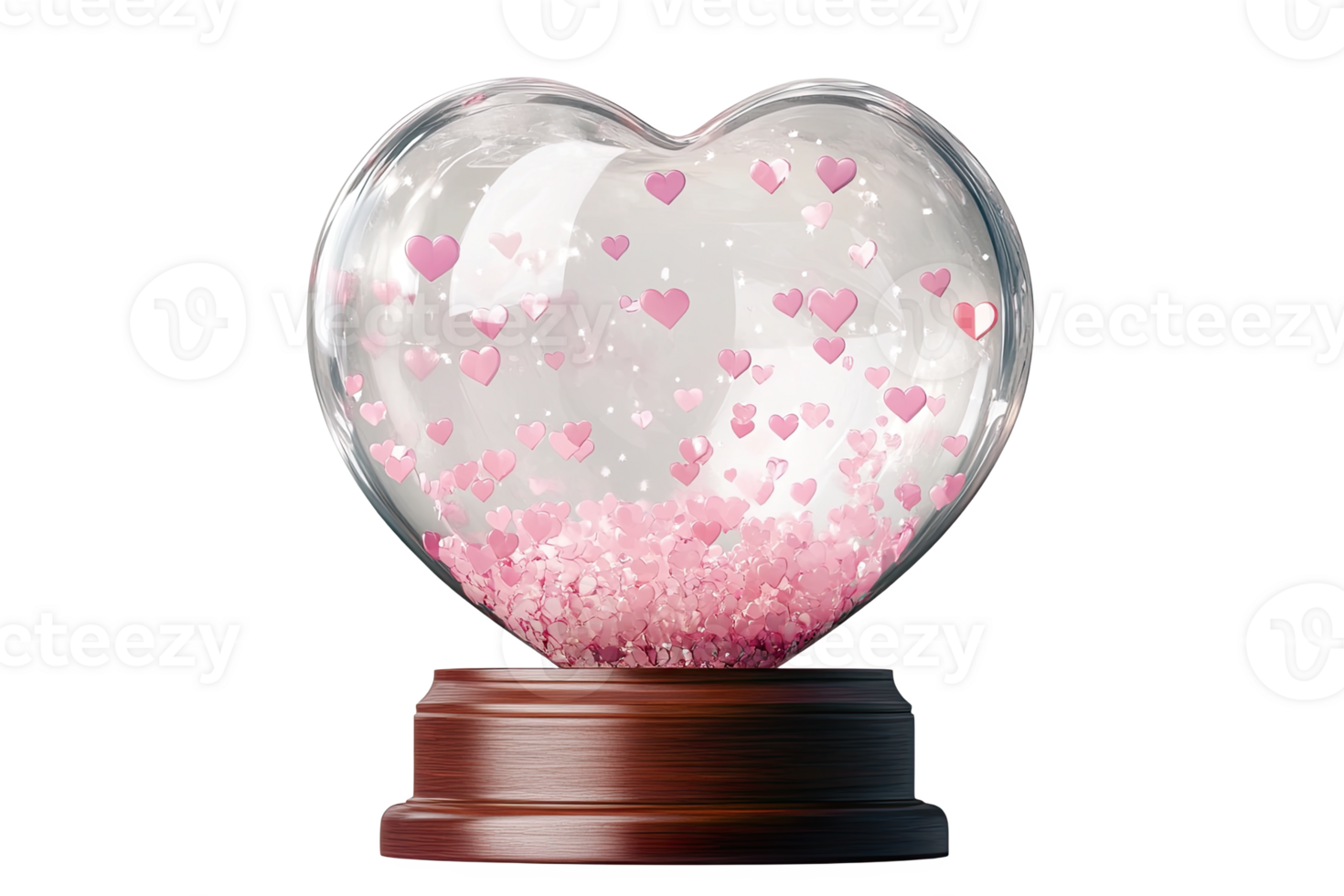 Heart-shaped snow globe filled with pink hearts, png