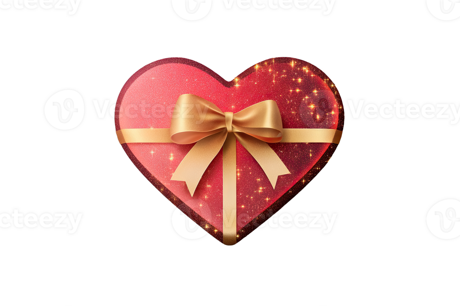 Heart-shaped gift box with a golden bow, adorned with sparkles, png