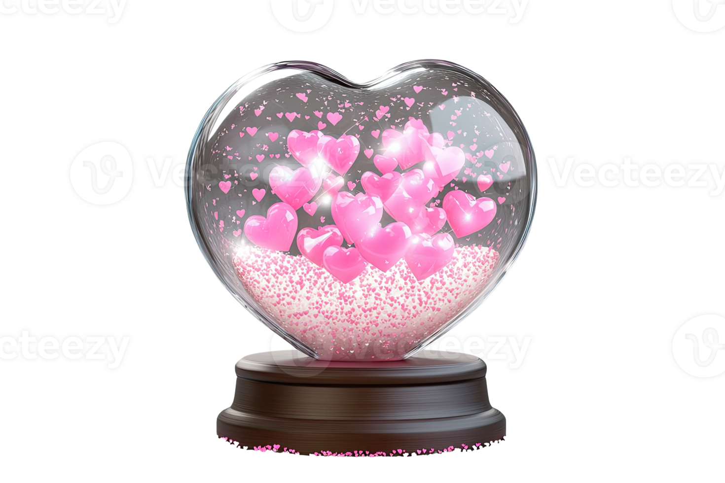 Heart-shaped snow globe filled with pink hearts, creating a whimsical and romantic ambiance. png